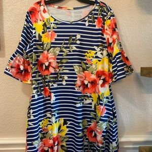 Striped floral swing dress with bell sleeves